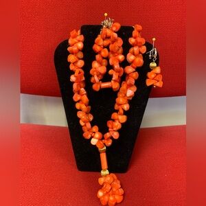 Orange Beaded Necklace and Earring Set